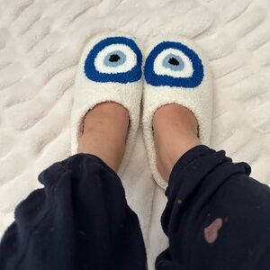 Cozy Cream and Blue Evil Eye Slippers